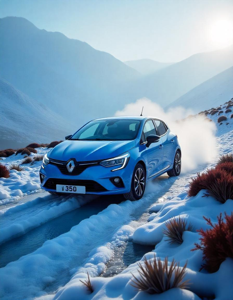 Une Clio 4 qui roule sur une route enneigée sans patiner
