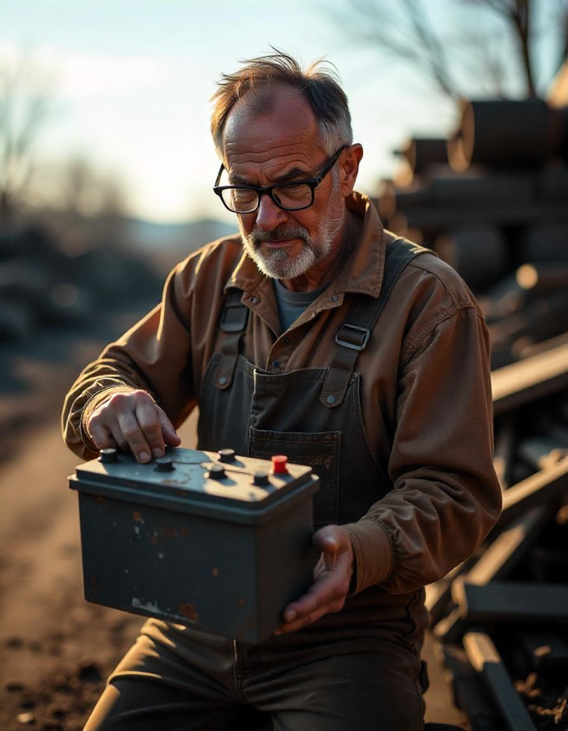 un ferrailleur qui examine une batterie de voiture usée