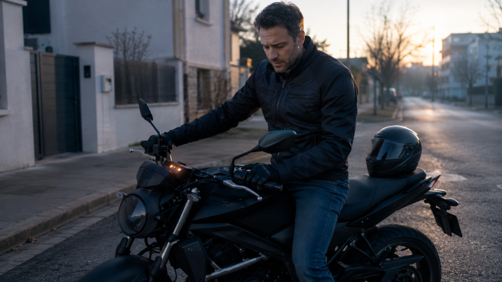 un motard qui peine à démarrer sa moto