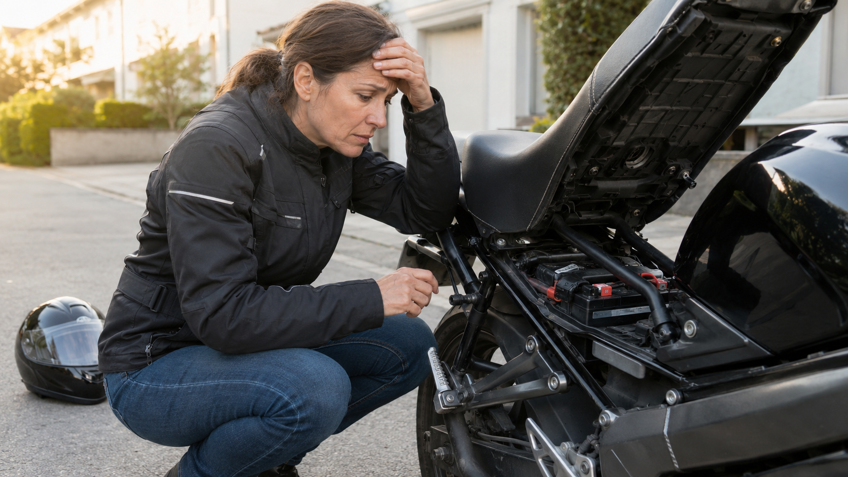 une motarde seule, visiblement inquiète devant la batterie ouverte de sa moto