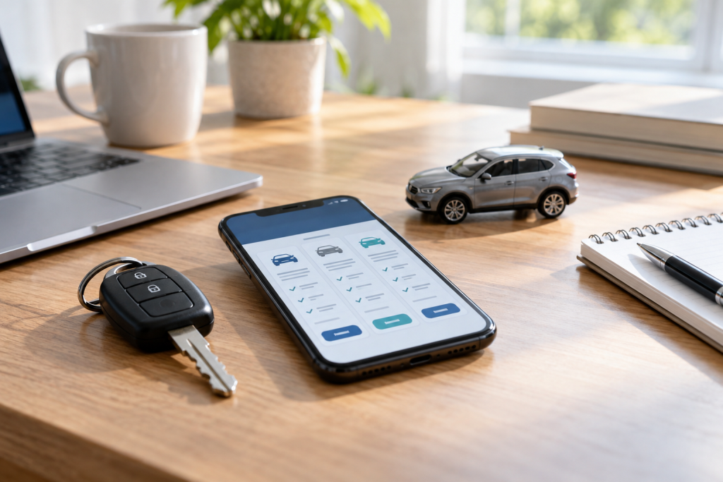 Smartphone affichant une comparaison d’assurances auto à côté de clés et d’une voiture miniature.